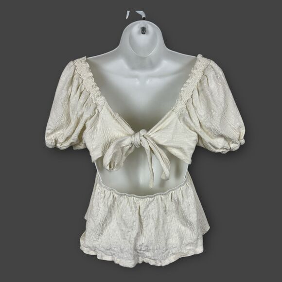 Altar'd State Kinsley Babydoll Top Tie Back White Brushed Cotton Gauzy Medium - Picture 2 of 6
